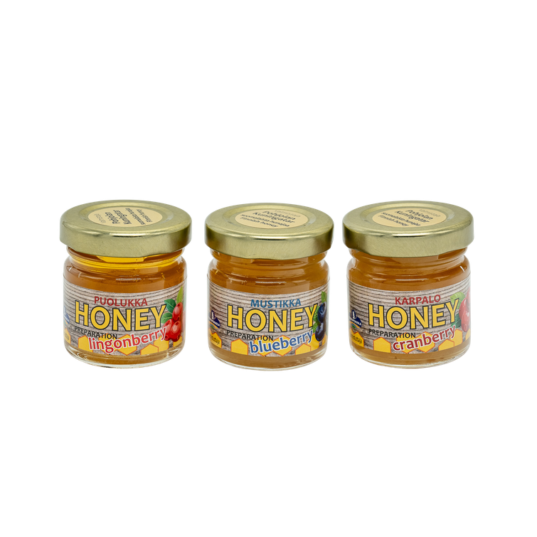3x50g makuhunajavalmiste. Marja: Puolukka, Mustikka, Karpalo