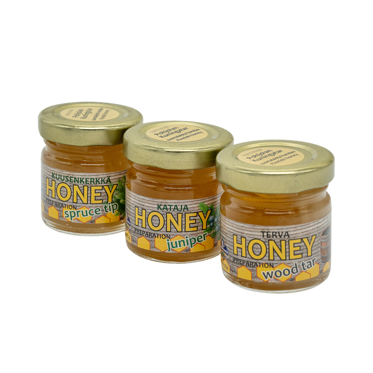 3x50g makuhunajavalmiste. Metsä: Kataja, Terva, Kuusenkerkkä
